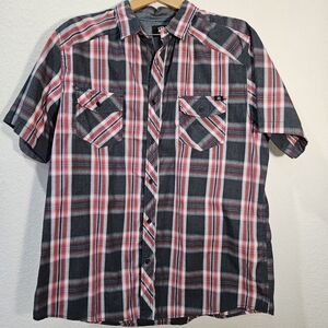 Rock & Republic Mens XXL Plaid Western Shirt Short Sleeve Button Up Red & Gray
